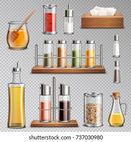 Seasoning spices herbs kitchen racks cooking oil carafe  sugar dispenser and honey jar realistic set transparent vector illustration  