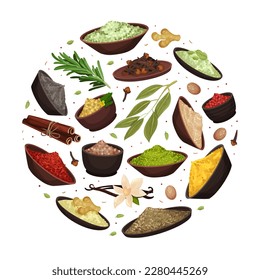 Seasoning and Spices Round Composition Design with Pile of Condiments in Bowl Vector Template