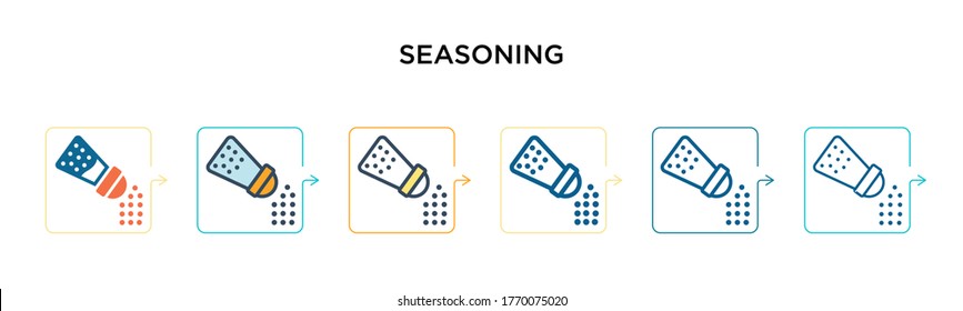 Das Seasoning Vektorsymbol in 6 verschiedenen modernen Stilen. Schwarze, zweifarbige Würzsymbole, die im vollen, Umriss-, Linien- und Strichstil entworfen wurden. Vektorgrafik kann für Web, Mobile, i