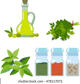seasonings on white background for your design. Powder spices in glass jars and cooking powder spices in glass jars. cooking objects spices vector illustration