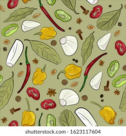 seasonings, spices seamless pattern. Bay leaves, garlic, peas, chili, cloves. Background for menu, packaging, wrappers, kitchen prints, spice shop. Hand drawing.