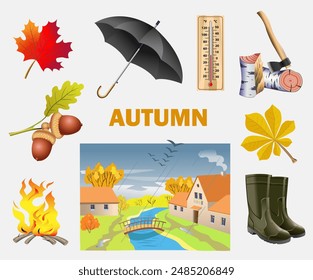 Seasons. Autumn. Set of autumn items on a white background. Vector illustration