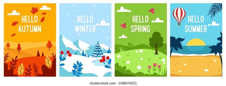 Seasons backgrounds. Autumn, Spring, Summer, Winter. Flat banners design template. A4. Vector