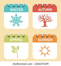 Seasons calendar color icons set. Spring, summer, autumn, winter time. Four seasons. Isolated raster illustrations