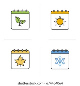 Seasons calendar color icons set. Spring, summer, autumn, winter time. Four seasons. Isolated vector illustrations