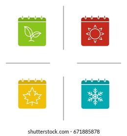 Seasons calendar glyph color icon set. Spring, summer, autumn, winter time. Four seasons. Silhouette symbols on white backgrounds. Negative space. Vector illustrations