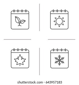 Seasons calendar linear icons set. Spring, summer, autumn, winter time. Thin line contour symbols. Calendars with maple leaf, plant, sun, snowflake. Four seasons. Isolated vector outline illustrations