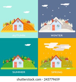 Seasons Change Autumn Winter Summer Spring Village Hills Field Landscape Icon Website Greeting Card Flat Design Vector Illustration