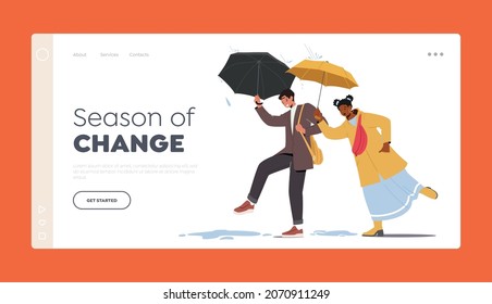 Seasons of Change Landing Page Template. Cheerful Couple Man and Woman Walking in Rainy Autumn Weather under Umbrellas. People Jumping over Puddles, Characters got at Rain. Cartoon Vector Illustration