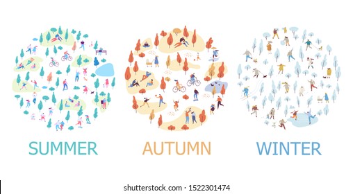 Seasons changing - summer, autumn, winter. Publik park with tiny people flat vector background. Crowd of happy people, outdoor activities.