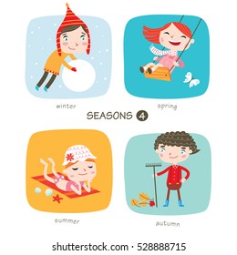 Seasons child's outdoor activities. Part 4. Happy childhood. Vector set on colored backgrounds. 