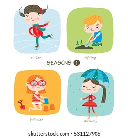 Seasons child's outdoor activities. Part 1. Happy childhood. Vector set on colored backgrounds. 