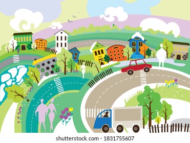 Temporadas en la ciudad. Primavera floreciente. Ilustración vectorial. Se utilizan para imprimir productos y decoración interior.