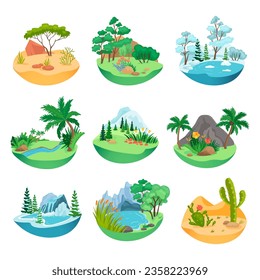 Seasons and climate zones vector illustrations set. Desert tree, summer and winter forest, ponds and frozen lakes, snow mountain or volcano, flower field icons. Nature, travel, wildlife concept