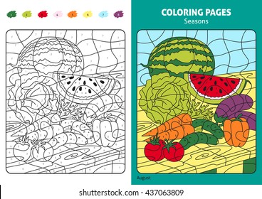 Seasons coloring page for kids, august month. Printable design coloring book. Coloring puzzle with numbers of color. Black and white draw with color example. Coloring book. Color numbers book.