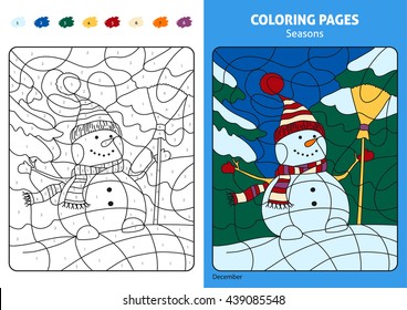 Seasons coloring page for kids, December month.Printable design coloring book. Coloring puzzle with numbers of color. Black and white draw with color example. Coloring book. Color numbers book.