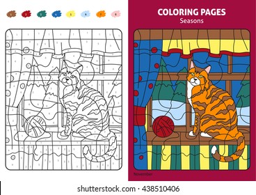 Seasons coloring page for kids, november month. Printable design coloring book. Coloring puzzle with numbers of color. Black and white draw with color example. Coloring book. Color numbers book.