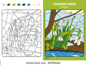 Seasons coloring page for kids. Printable design coloring book. Coloring puzzle with numbers of color. Black and white draw with color example. Coloring book. Color numbers book.