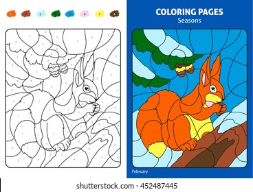 Seasons coloring page for kids. Printable design coloring book. Coloring puzzle with numbers of color. Black and white draw with color example. Coloring book. Color numbers book. February month.