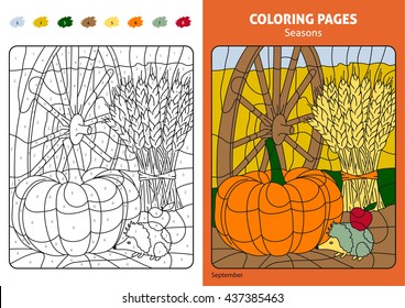 Seasons coloring page for kids, september month. Printable design coloring book. Coloring puzzle with numbers of color. Black and white draw with color example. Coloring book. Color numbers book.