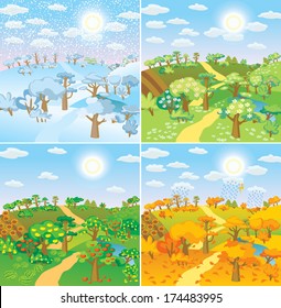 Seasons in the countryside. Beautiful natural landscapes at different time of the year - winter spring, summer, autumn Vector illustration