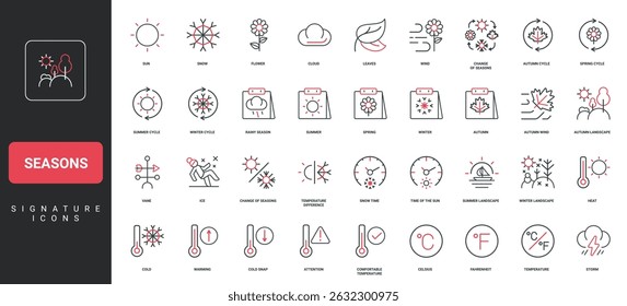 Seasons, cycle of nature and weather, temperature, flower and snow line icon set. Calendar, landscape of summer and winter, spring and autumn, leaves thin black and red symbols vector illustration