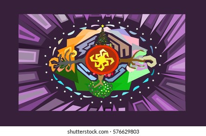the seasons are depicted using trees in the center of the earth the sun in a lilac background universe and triangle