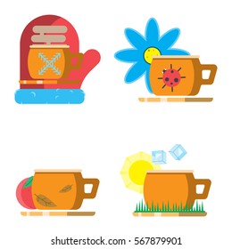 seasons and drinks, tea and coffee, spring, summer, winter, fall, vector image, flat design