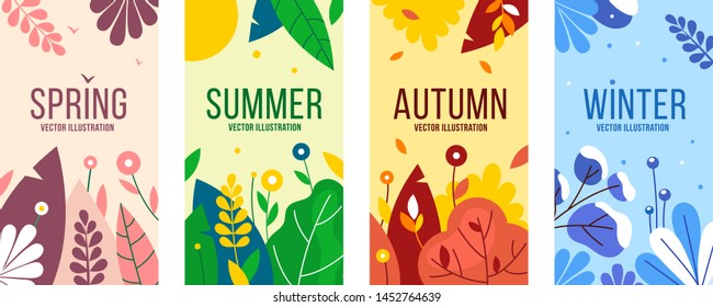 Seasons elements vector set.  Social backgrounds, cover design templates, banners with leaves and herbs.