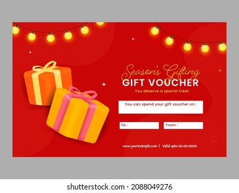 Season's Gift Voucher Template Layout With 3D Gift Boxes In Red Color.