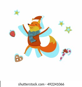 Seasons greeting card with hipster animal. Flat design fox illustration in vector. Winter and christmas fox animal concept. For print, postcard, web, social media and t-shirt design