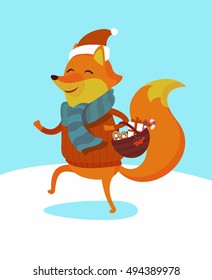 Seasons greeting card with hipster animal. Flat design fox illustration in vector. Winter animal concept. For print, postcard, web, social media and t-shirt design