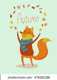 Seasons greeting card with hipster fox animal. Flat design illustration in vector. Autumn animal concept and hand lettering. For print, postcard, web, social media and t-shirt design