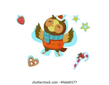 Seasons greeting card with hipster owl animal. Flat design illustration in vector. Winter owl animal concept. For print, postcard, web, social media and t-shirt design. Snow angel owl