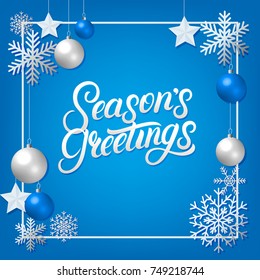 Seasons greeting hand written lettering with silver decoration ornament. Frame with snowflakes, stars and balls. Trendy design. Premium luxury Christmas card. Black background. Vector illustration