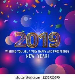 Seasons Greeting and Happy New Year 2019 background. Vector illustration