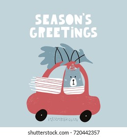 Season's greeting quote. Cute winter greeting background with polar bear. Holiday and christmas illustration. It can be used for greeting card, posters, apparel