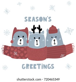 Season's greeting quote. Cute winter greeting background with polar bears. Holiday and christmas illustration. It can be used for greeting card, posters, apparel