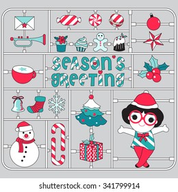 Season's Greeting With Santa Girl Icon Symbol Character illustration