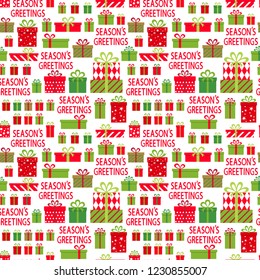 Seasons greeting. Seamless pattern. Gifts on white background. Vector illustration.