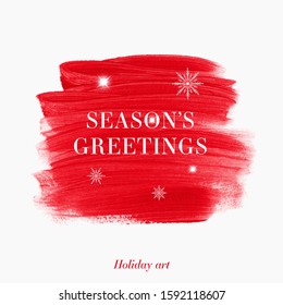 Season's Greeting sign over bright red holiday art acrylic paint abstract. Christmas paint poster.