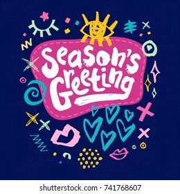 Seasons greeting sketch style. Christmas lettering greeting cards. Multicolor doodles hearts stars eyes lips trendy firecracker fireworks. Hand drawn vector illustration.