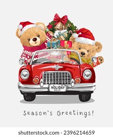 season's greeting slogan with bear doll lovers driving a car full of christmas presents vector illustration