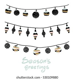 Seasons Greeting text. Holiday Greeting background with festive garland. Scandinavian holiday card. Hand drawing winter vector Illustration. Winter design object.