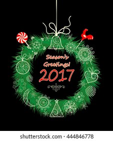 Seasons greeting with xmas hanging decorative wreath