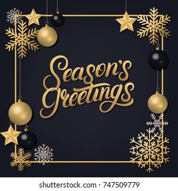 Seasons Greetings 2018 hand written lettering with golden decoration ornament. Frame with snowflakes and balls. Trendy design. Premium luxury Christmas card. Black background. Vector illustration.