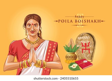 Seasons Greetings background for Bengali New Year Pohela Boishakh celebrated in the Indian states of West Bengal, Tripura, and Assam. Women greeting illustration.