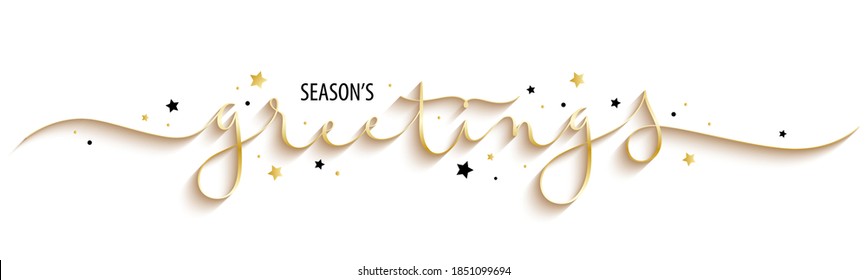 SEASON'S GREETINGS black and metallic gold vector brush calligraphy banner with swashes and stars