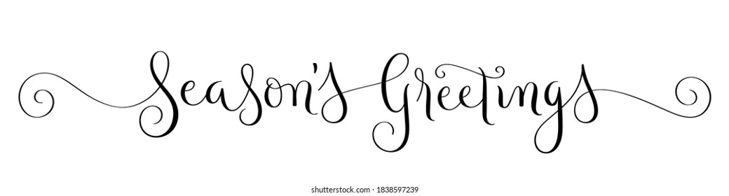SEASON'S GREETINGS black vector brush calligraphy banner with spirals and snowflakes