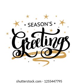 Season's Greetings brush calligraphy vector banner golden and black stars color